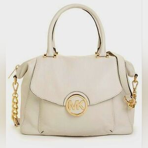 Michael Kors Mk Designer Light Gray Fulton Satchel Purse Bag Gold Accents